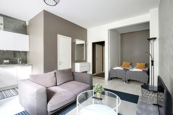 Basic Apartment, City View | Iron/ironing board, cribs/infant beds, free WiFi, bed sheets - Kotimaailma Apartments Kamppi - Studios (Helsinki)