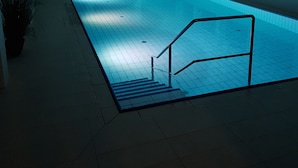 A pool area with a metal handrail and steps leading into the water. - Little Skysuite W 94 (Cuxhaven)