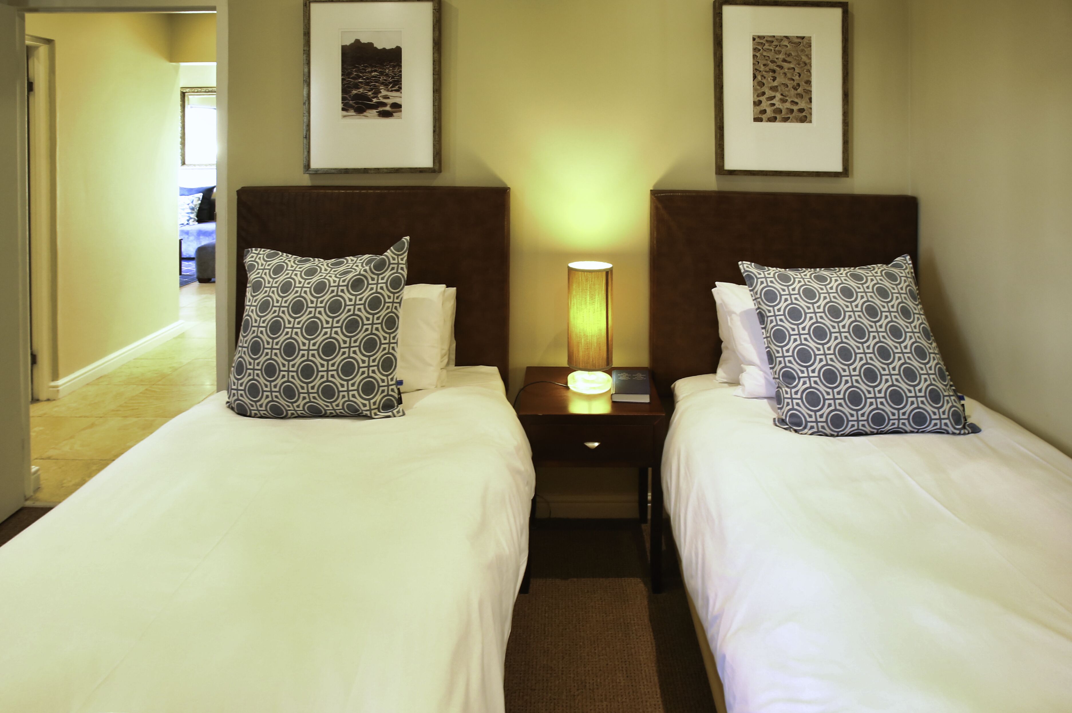 A hotel room with two beds, each with patterned pillows, a nightstand with a lamp, and framed artwork on the wall.