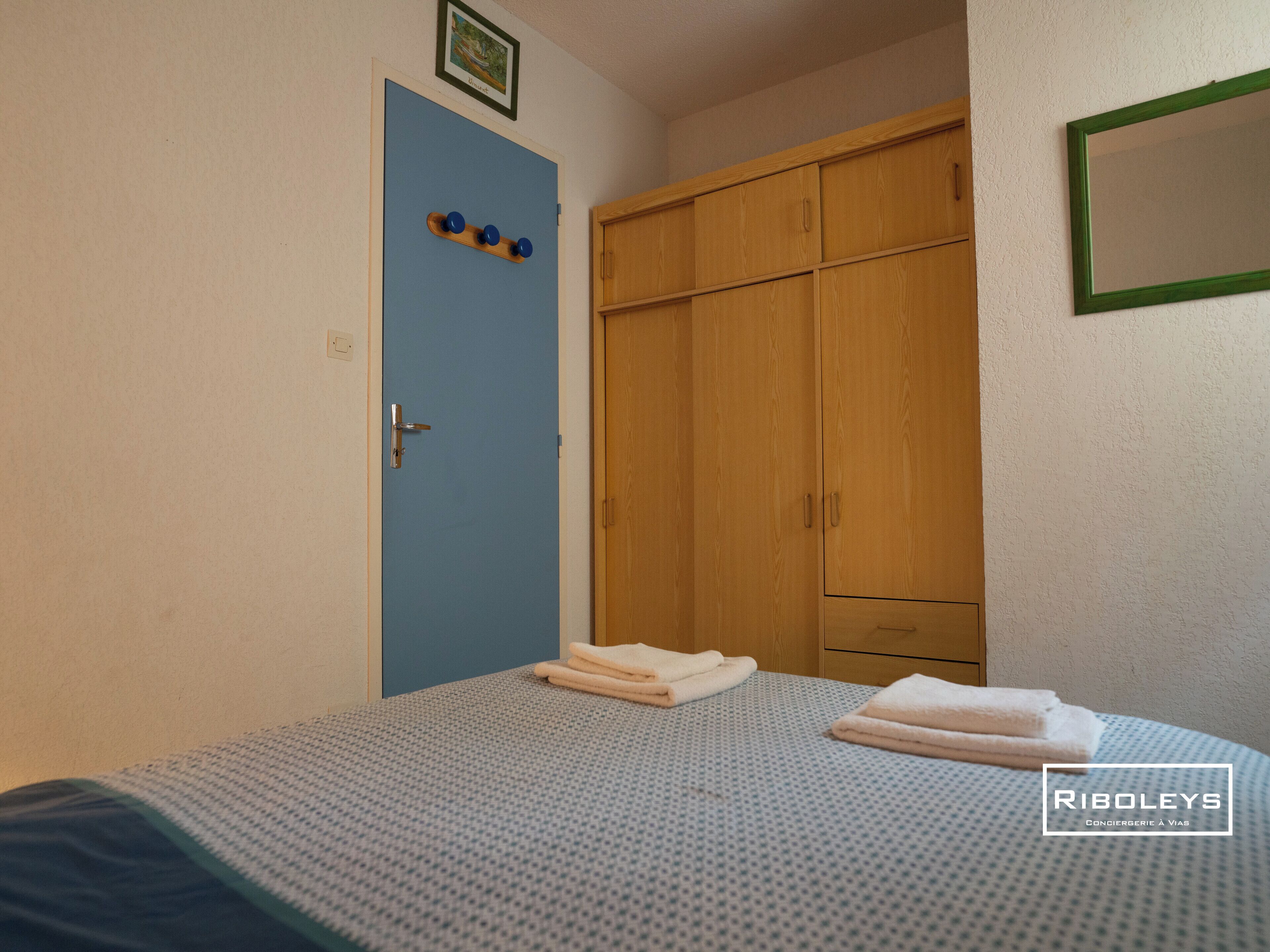 A bedroom with a bed, a wooden wardrobe, a blue door, and a framed picture on the wall.