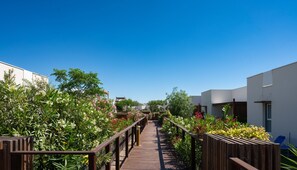 A wooden pathway leading through a garden area with various plants and flowers. - Riboleys - Villa climatisée avec piscine (Vias)
