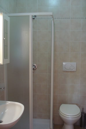 Regadera, bidet, toallas, jabón 