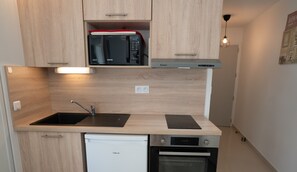 Compact kitchen with microwave, stainless steel sink, and compact dishwasher.