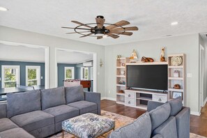 Smart TV, fireplace, foosball, table tennis