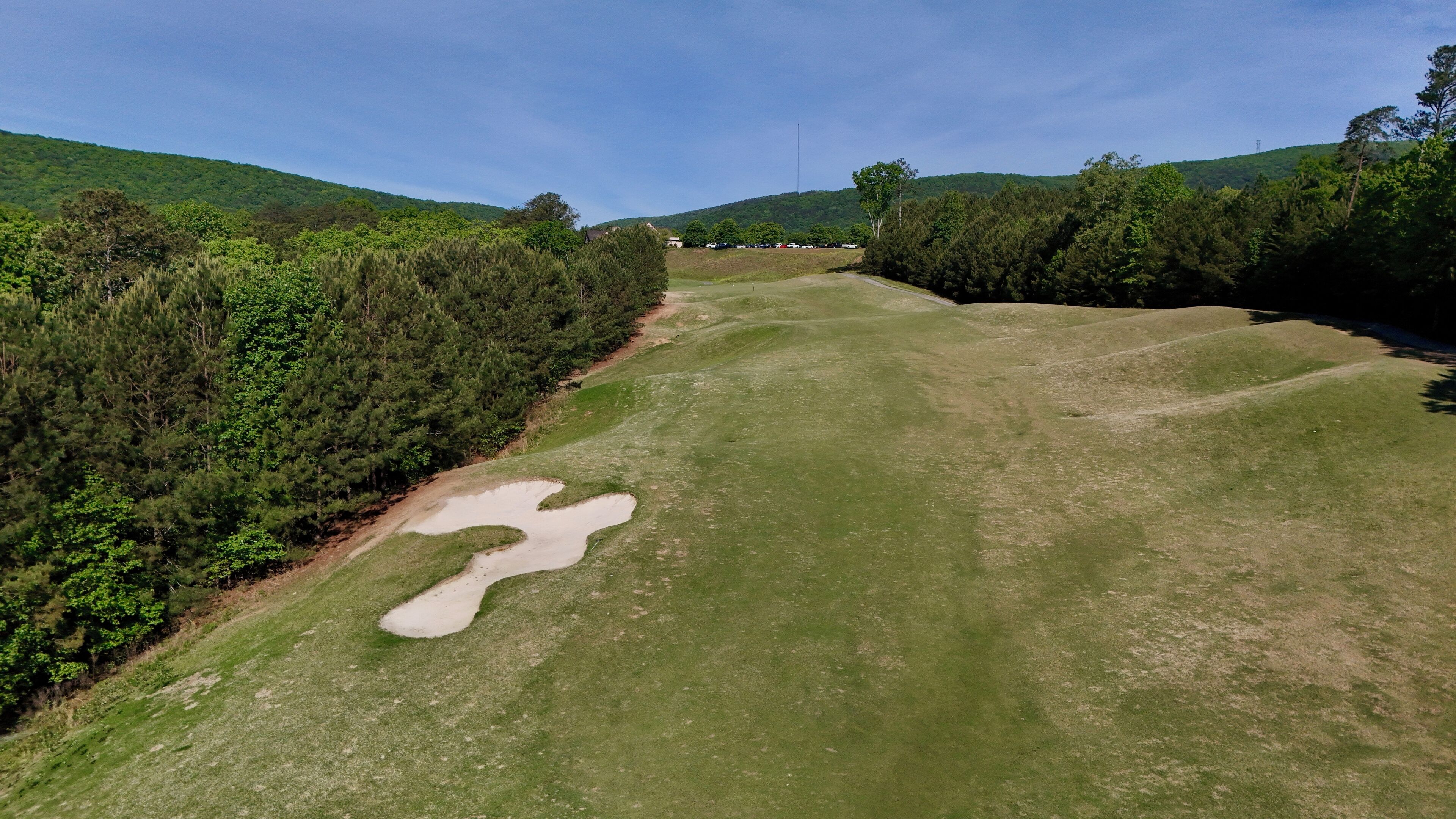 A golf course with a sand bunker, dense trees, and a clear sky.