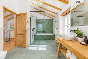 Shower, hair dryer, towels