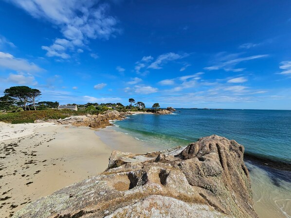 A coastal landscape with a sandy beach, rocky outcrops, and a clear blue sky. - Maison de Vacances à Louer sur L'ile Callot - Ker Douara (Carantec)