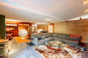 Smart TV, fireplace, books, stereo