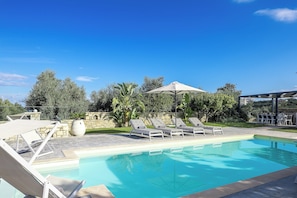 Seasonal outdoor pool, pool umbrellas, pool loungers