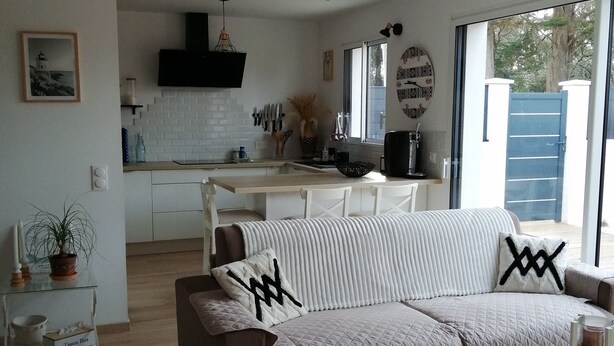 A modern living room with a sofa, a dining table, and a kitchen in the background.