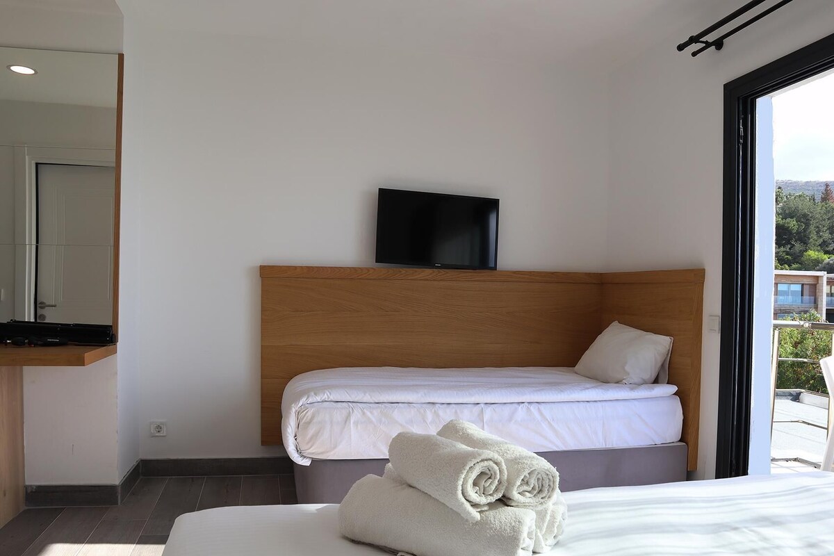 Habitación de hotel moderna con cabecera de madera, televisor de pantalla plana sobre la cama y vistas al exterior a través de un amplio ventanal.