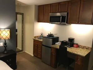 Fridge, toaster, cookware/dishes/utensils