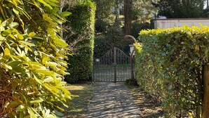 A pathway leading through a garden with a metal gate and dense foliage on both sides.