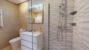 Shower, hair dryer, towels
