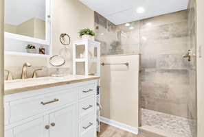 Shower, hair dryer, towels
