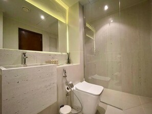 Shower, hair dryer, towels