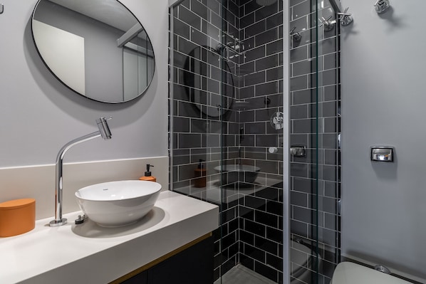 Shower, hair dryer, towels