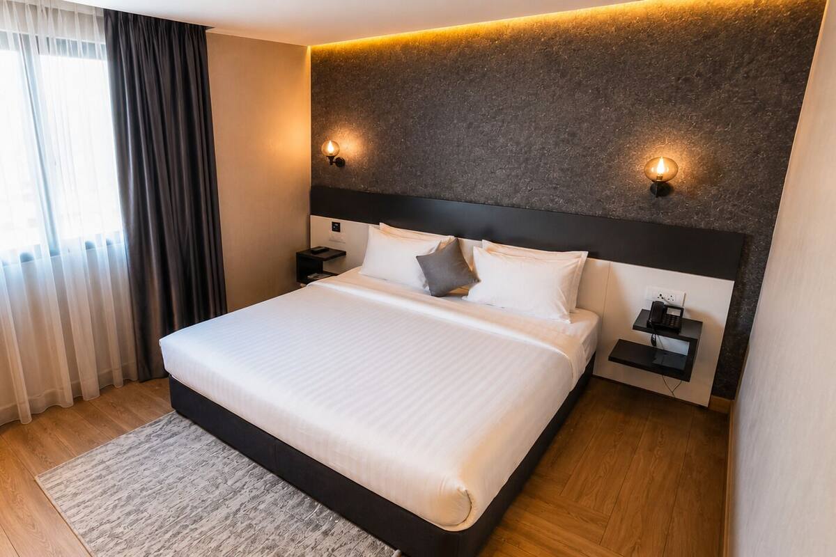 In-room safe, desk, laptop workspace, blackout curtains