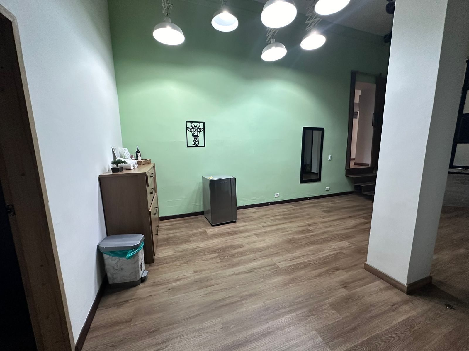 A room with a light green wall, a wooden floor, a small trash bin, a refrigerator, and a cabinet with items on top.