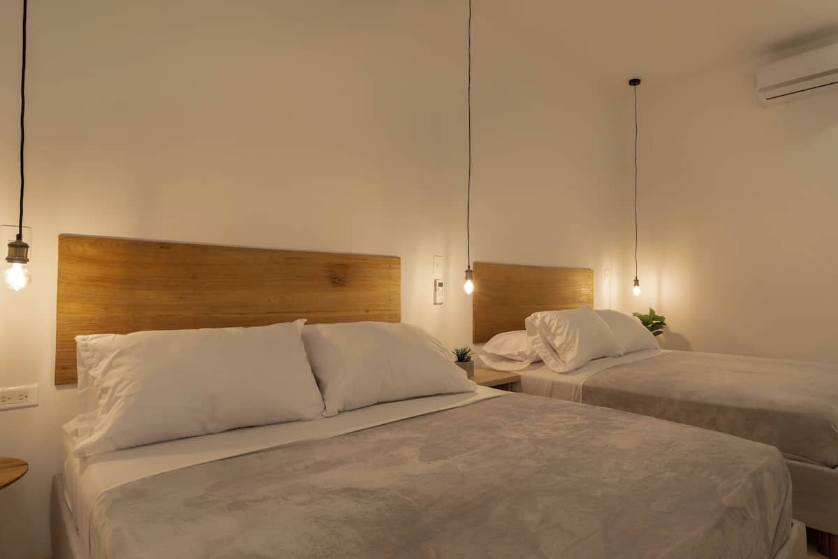 A hotel room with two beds, wooden headboards, bedside tables, a small potted plant, and an air conditioning unit.