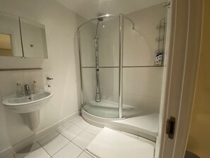 A modern bathroom with a glass-enclosed shower, a white sink, and a mirror.