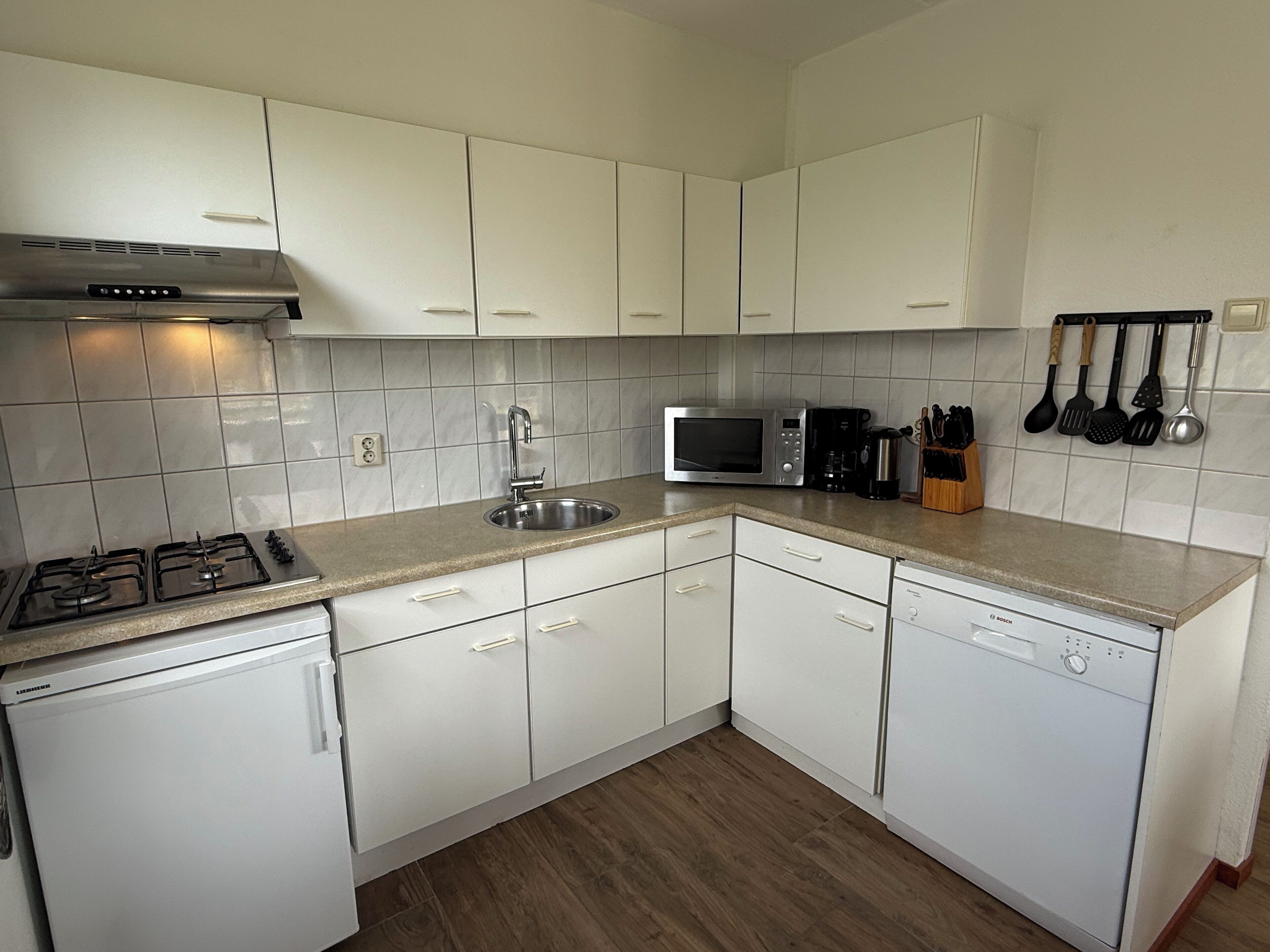 Frigorífico, placa de cocina, lavavajillas y cafetera o tetera