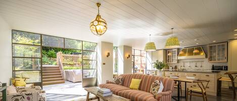 TV, fireplace, books, offices