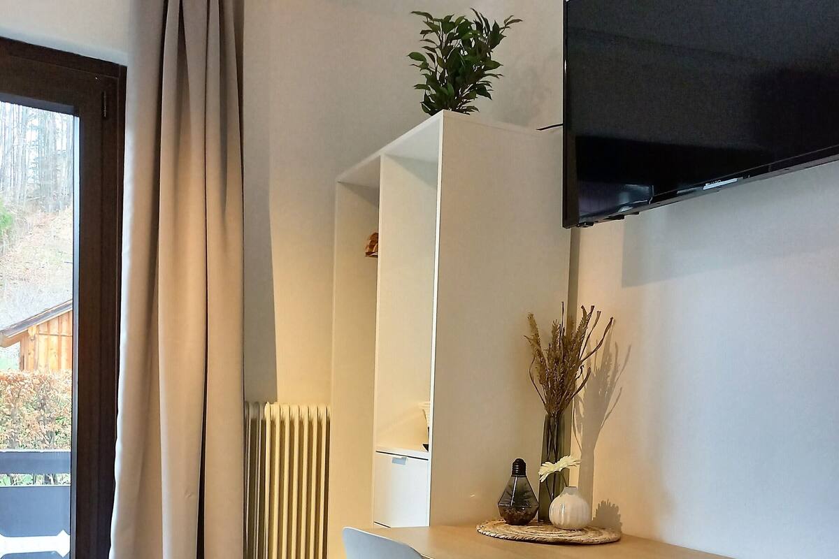 A modern dining area with a wooden table and two chairs, a potted plant, and a flat-screen TV mounted on the wall.