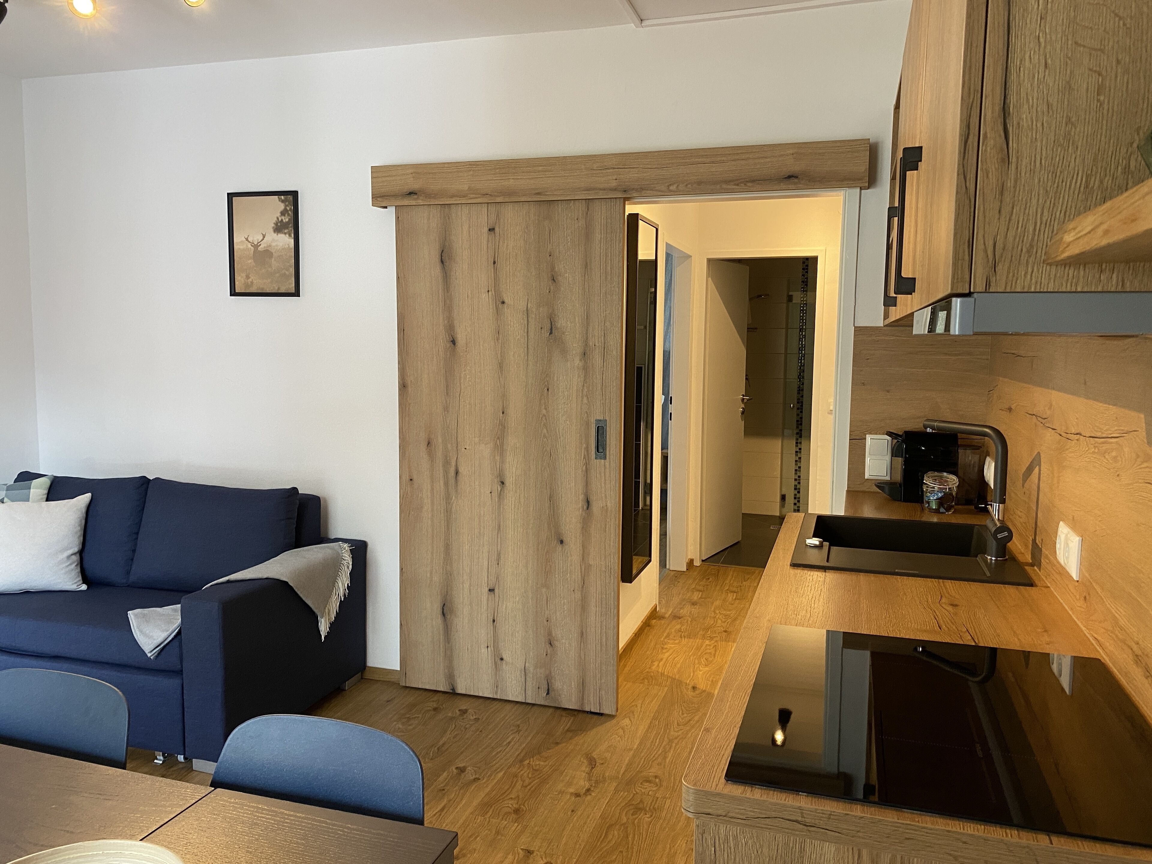 A modern living room with a blue sofa, a wooden cabinet, and a kitchen area with a sink and countertop.