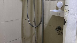 Een douche met een handdouche, een bedieningspaneel aan de muur en een aansluiting voor een handdouche.