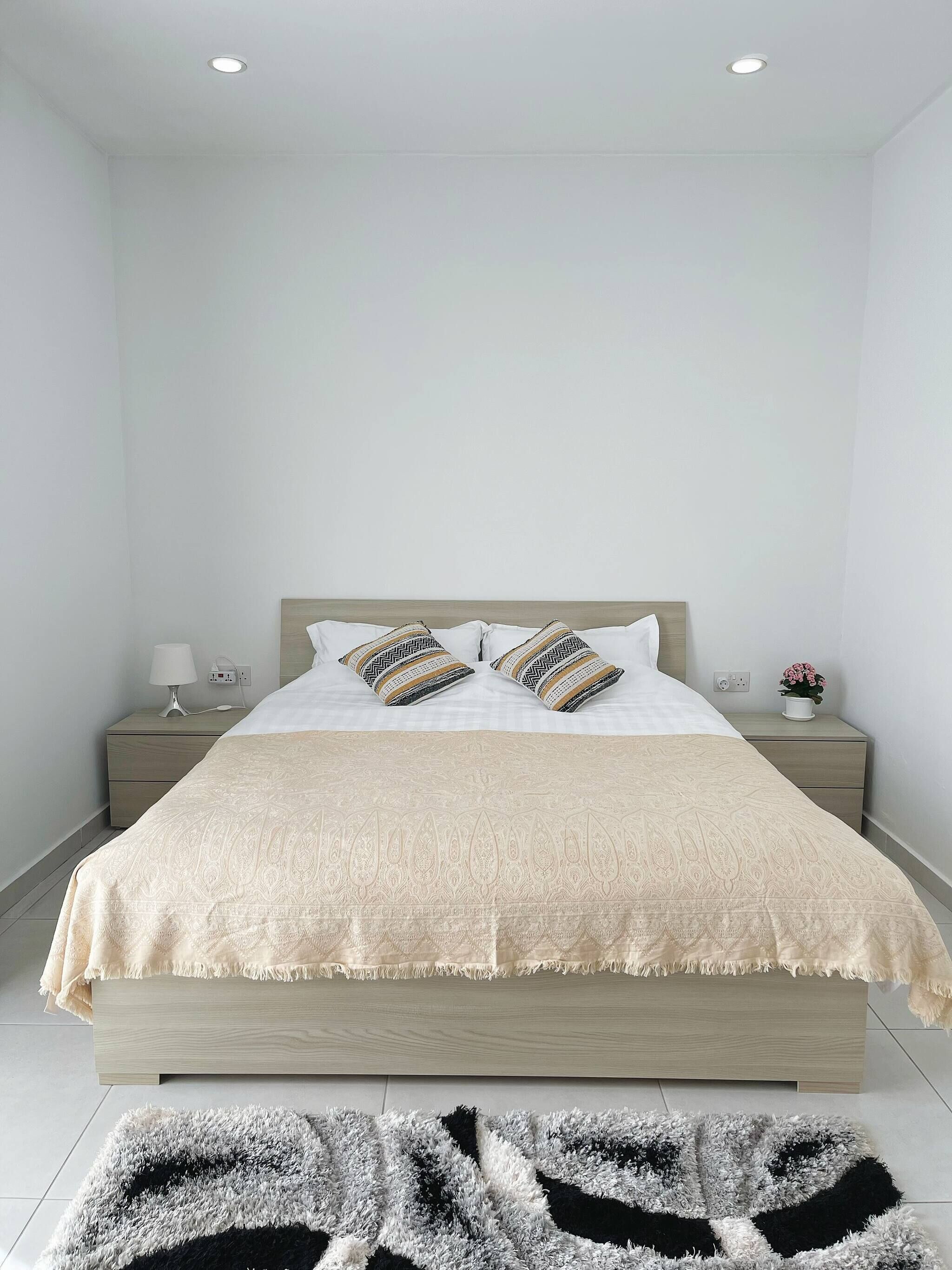 A modern bedroom with a large bed, two bedside tables, a nightstand, and a decorative plant.