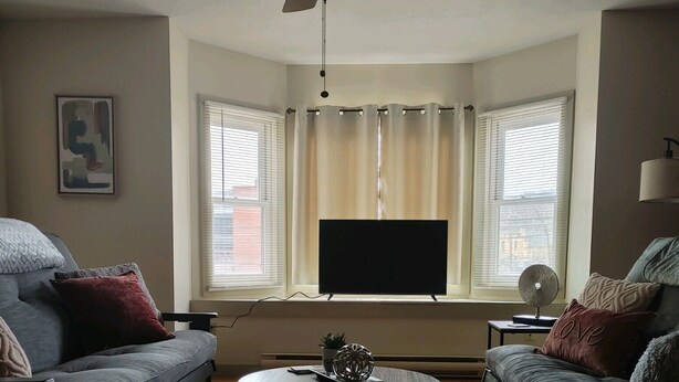 Un salon avec un ventilateur de plafond, deux canapés, une table basse et un téléviseur.
