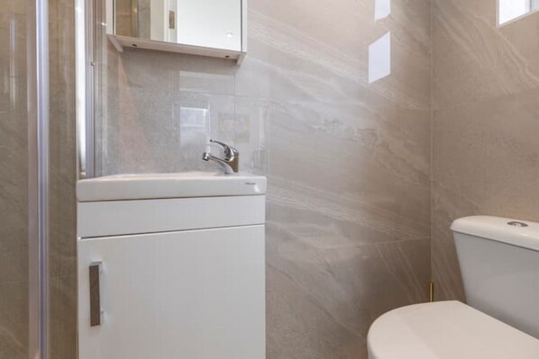 Hair dryer, towels, soap, toilet paper