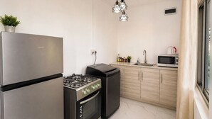 A compact kitchen with a stainless steel refrigerator, a gas stove, an oven, a microwave, and a sink. There are hanging pendant lights, a potted plant, and a window with curtains. - 2-bed Apartment in Mont Choisy Grand Baie (Trou aux Biches)