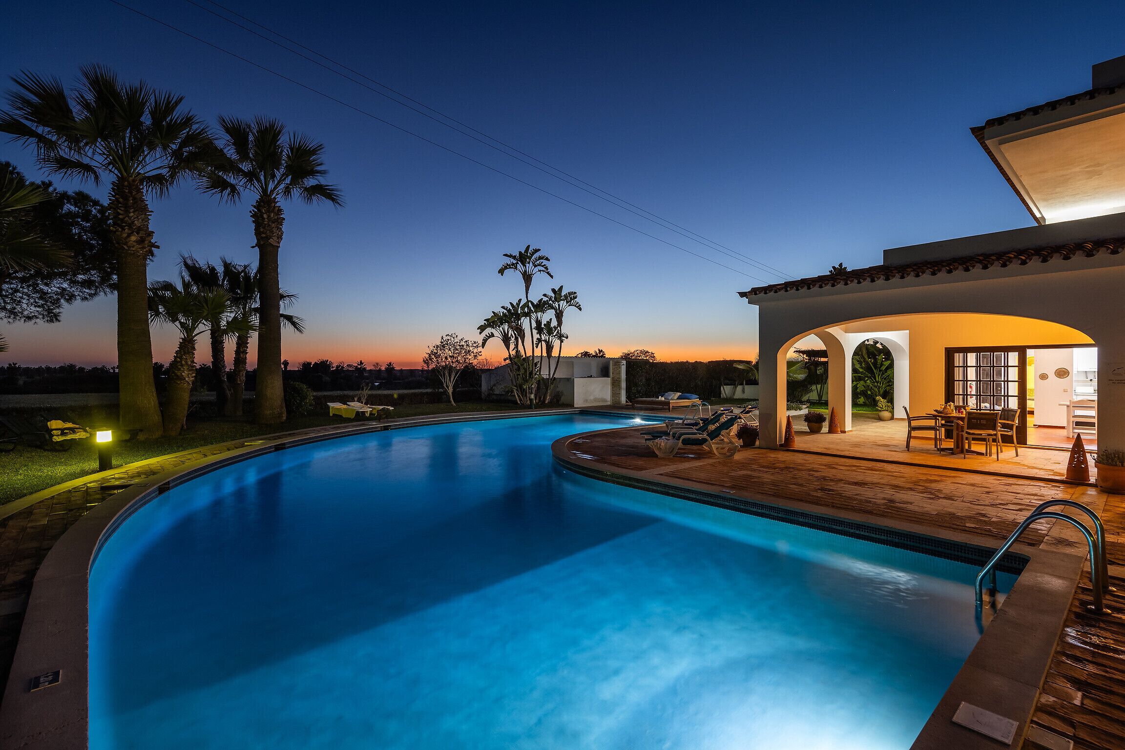 Una piscina de borde curvo, rodeada de palmeras y un patio con mobiliario exterior.