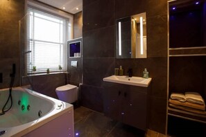 Hair dryer, towels, soap, toilet paper