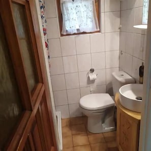 A small bathroom with a toilet, a sink, and a window with a floral curtain. - Cottage in the Picturesque Beskid Maly Mountains (Porabka)
