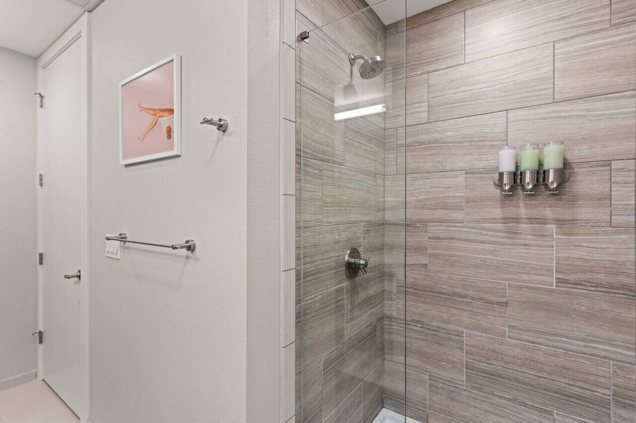 Shower, hair dryer, towels