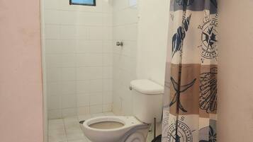 Regadera, toallas, jabón, papel de baño