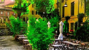 Un café al aire libre con mesas y sillas, rodeado de vegetación y edificios.