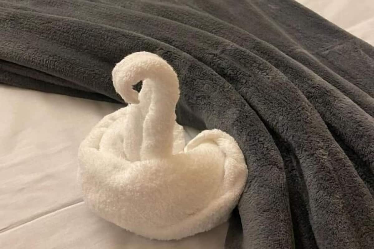 Ein Bett mit einem weißen Kopfkissen und einer grauen Decke.