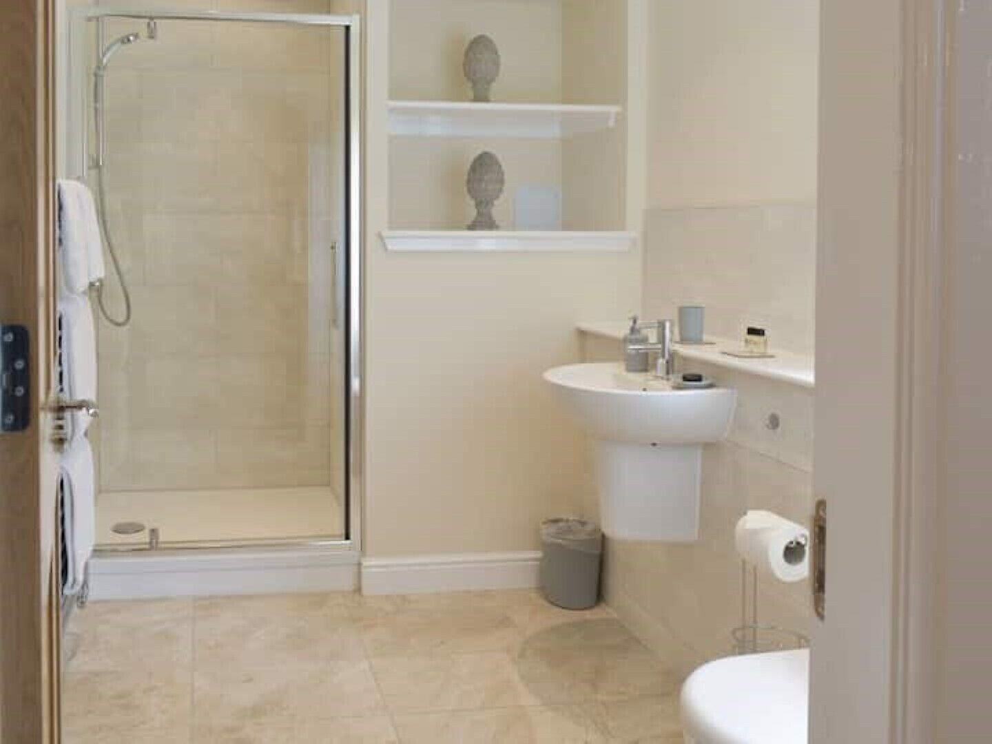 Hair dryer, towels, soap, toilet paper
