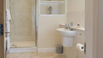 Hair dryer, towels, soap, toilet paper