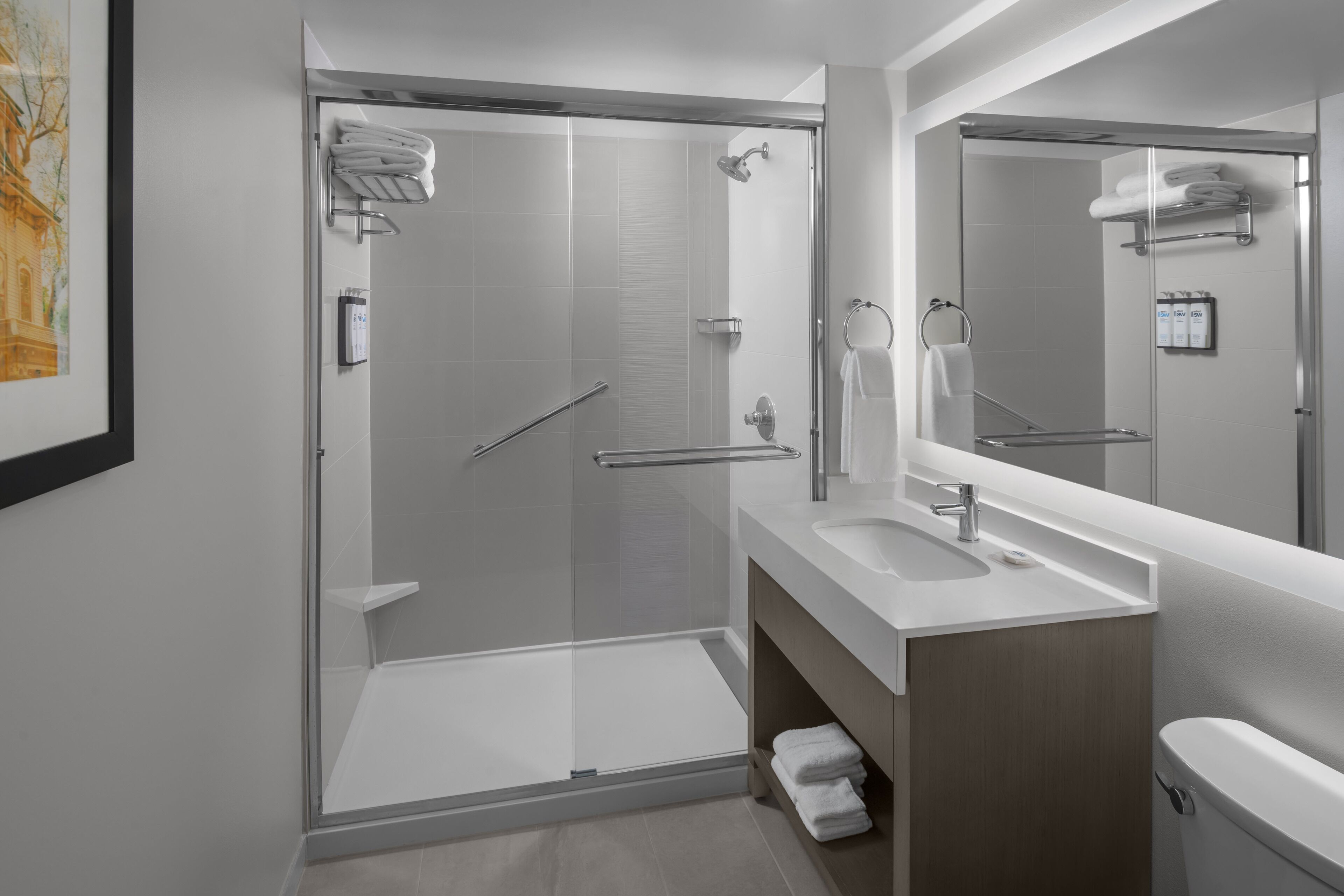 A modern bathroom with a glass-enclosed shower, a white sink, and a large mirror.