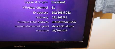A Samsung monitor displaying a Wi-Fi connection status with details like signal strength, IP address, and download speed.