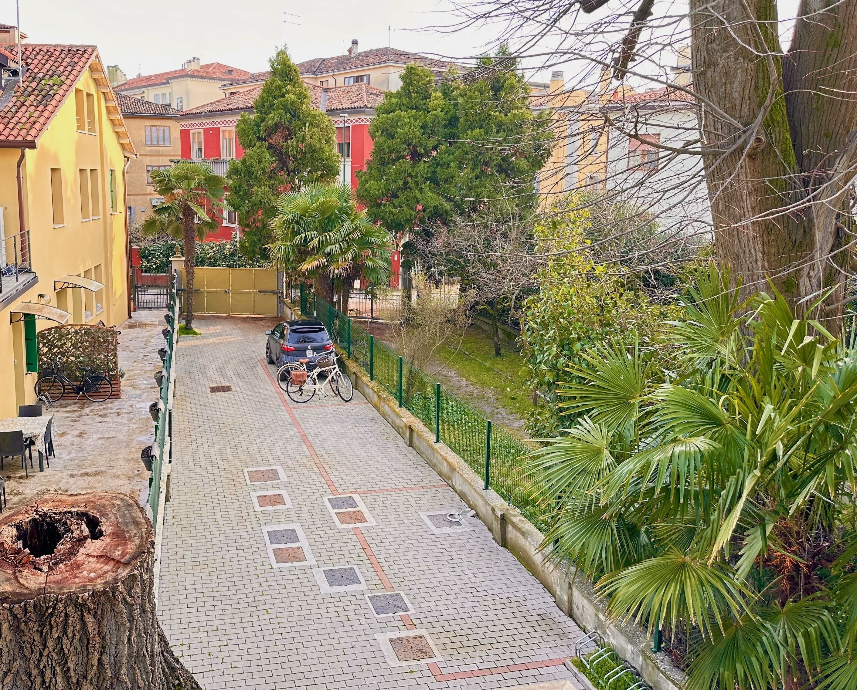 A cobblestone street lined with colorful buildings, a parked bicycle, and a tree stump.