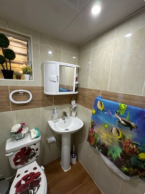 Regadera, toallas, jabón, papel de baño 