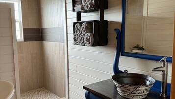 Hair dryer, bidet, towels, soap