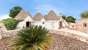 A traditional stone house with multiple conical roofs, a stone pathway, and a large palm tree in the foreground. - Trulli Bellavista Pool - Cocolic... (Cocolicchio)