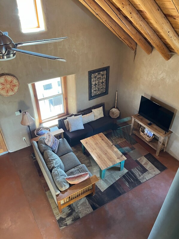 Smart TV, fireplace, books